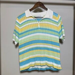 Alfred Dunner Yellow Green White Blue Striped 1/4 zip Blouse Size Medium Vintage